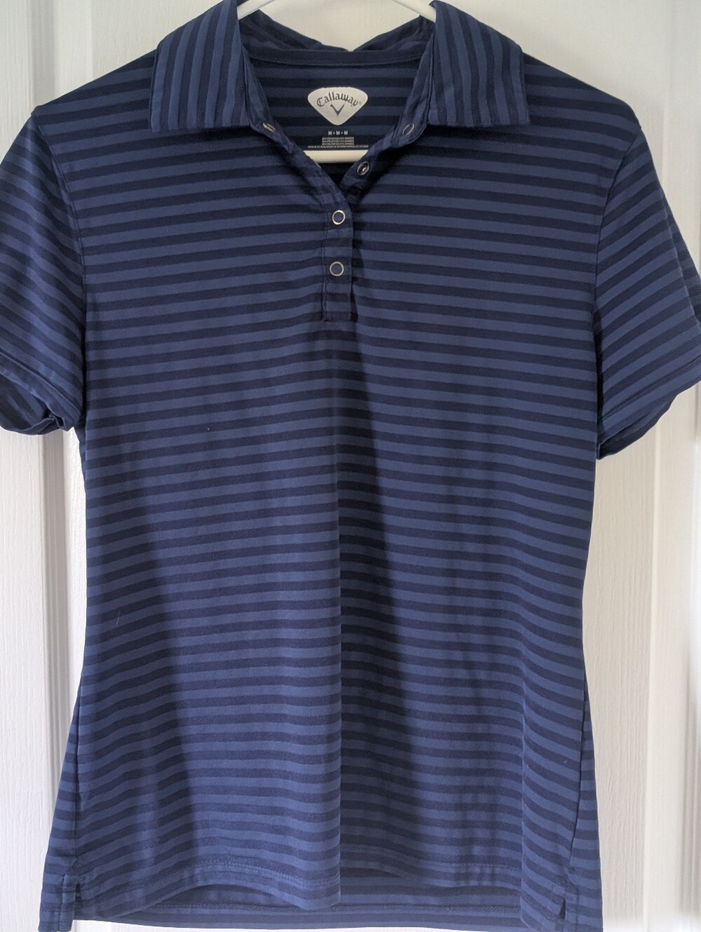 Callaway Polo Shirt Women's Medium Blue w/ dark Blue Stripes w/snap buttons MED